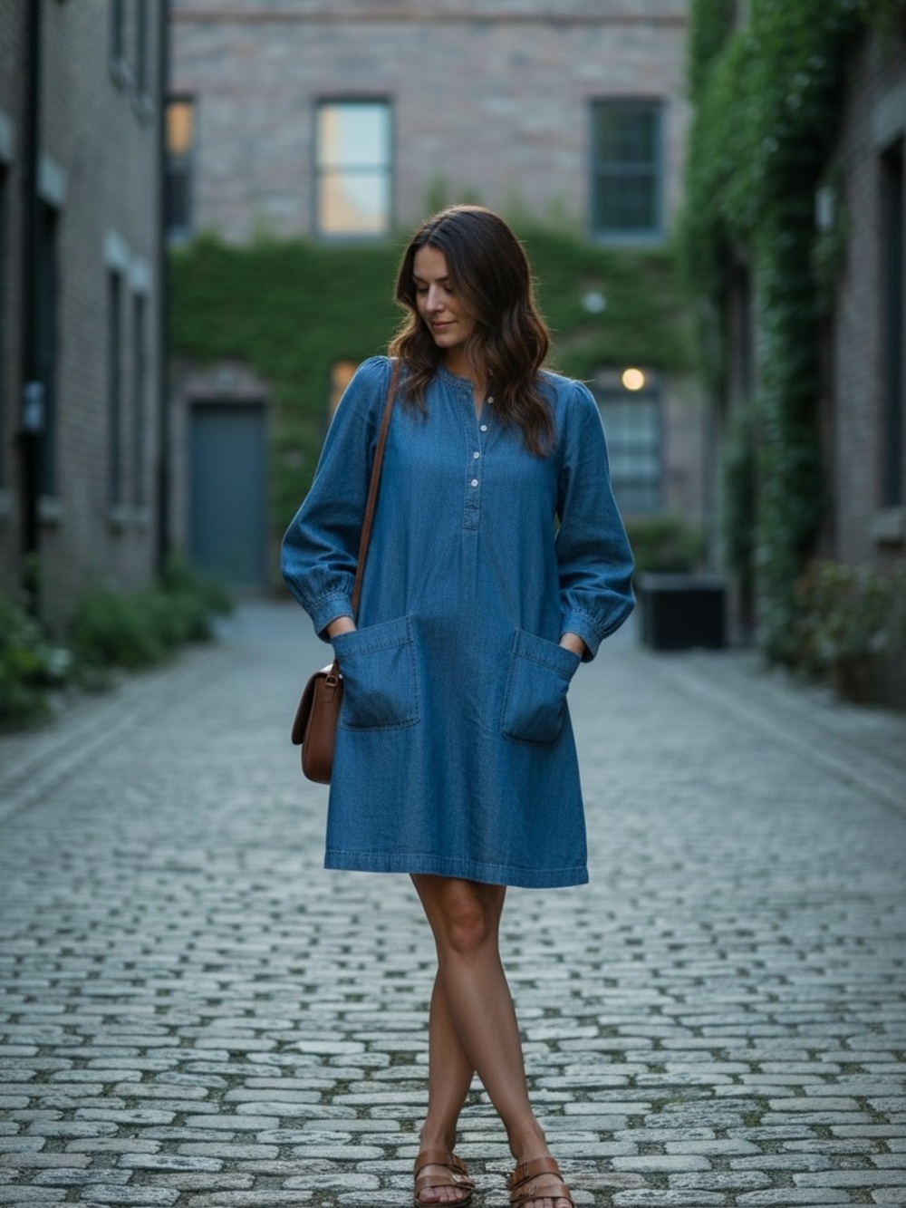 Madewell - Blue Long-Sleeve Denim button up Shift Dress with pockets